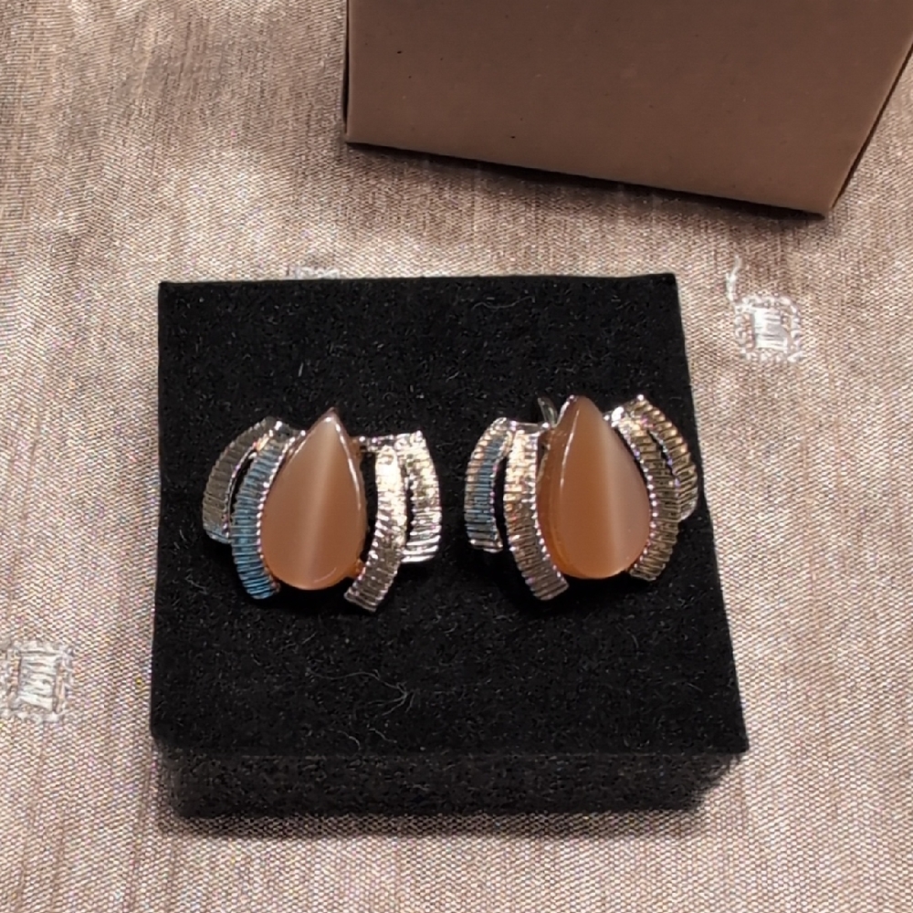 Elegant Silver Tone and Brown Color Teardrop Earrings